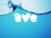 Написание "AVE" в виде капель воды и по центру "V" как сердце.