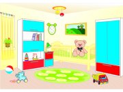 детская комната с мебелью, деталями интерьера и игрушками. Цветовое решение меб...